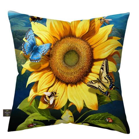 Sunflower Dance Indoor/Outdoor Pillow with vibrant yellow sunflower, butterflies, and insects on blue background.