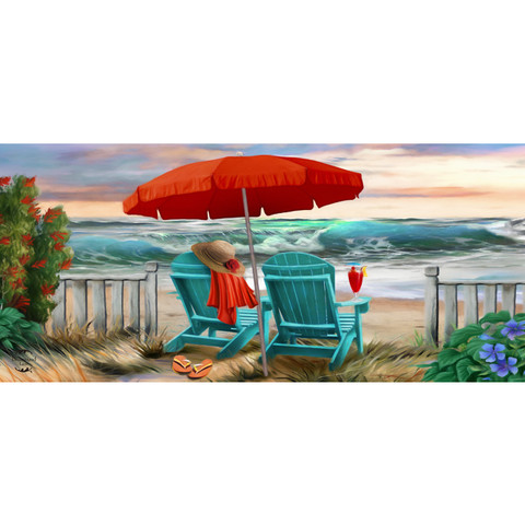 Beach Life Mini Mat, two turquoise beach chairs with red umbrella and ocean view.