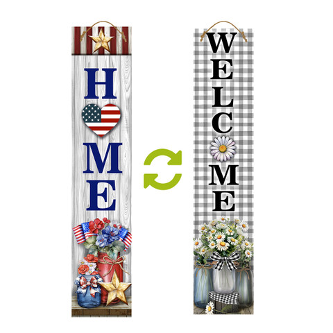 Reversible porch leaner with HOME and WELCOME designs, American flag and floral patterns, Farmhouse Mason Jars.