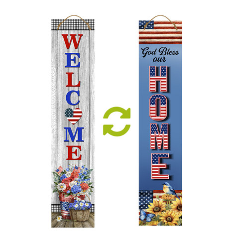 Reversible Patriotic Welcome Pine Porch Leaner, double-sided, patriotic, American flag design, welcome home sign.