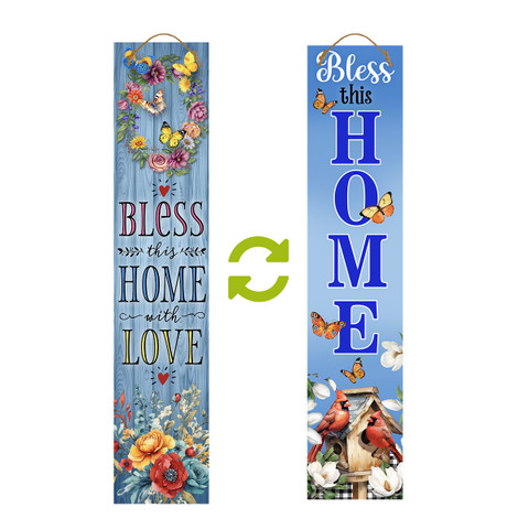 Reversible porch leaner with Bless This Home design, floral and bird theme, two-sided wooden sign.