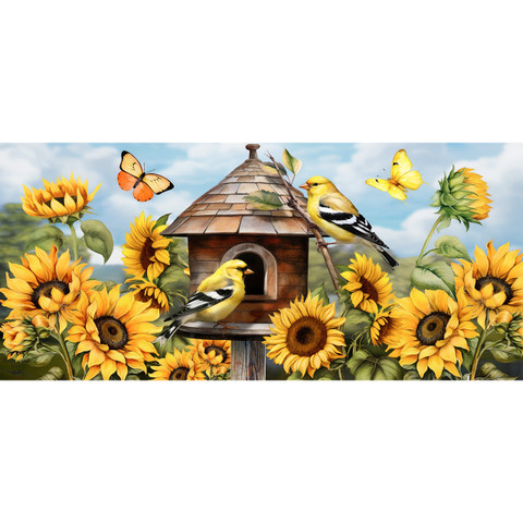 Goldfinches and sunflowers mini mat with birds, butterflies, and flowers on a wooden birdhouse background.