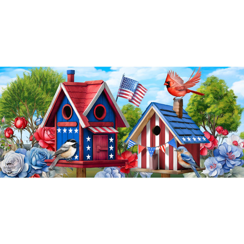 Red, white, and blue birdhouses with patriotic details and birds amidst flowers and an American flag.