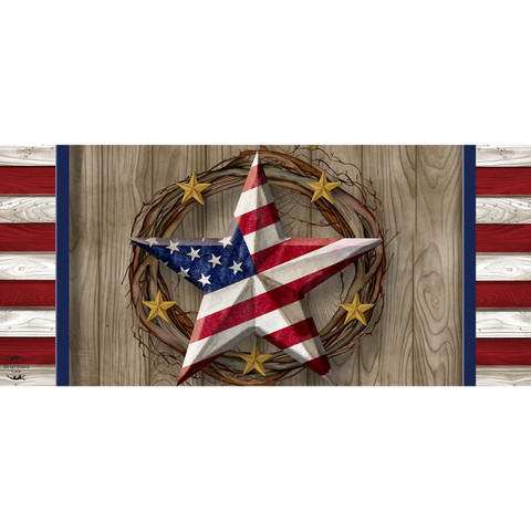 American Barn Star Mini Mat with patriotic star design on wooden background with gold stars.