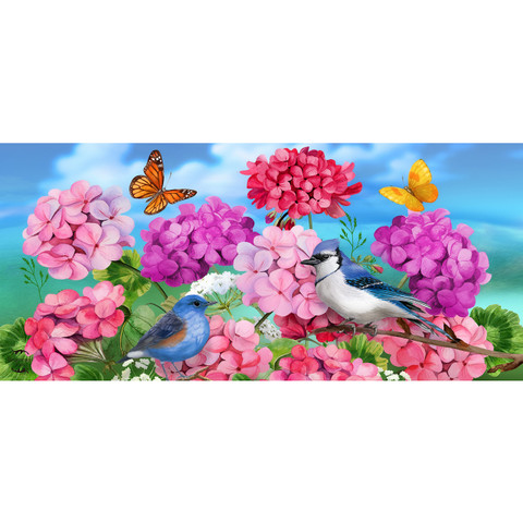 Geraniums in Bloom Mini Mat with pink flowers, blue and white birds, and butterflies outdoors.