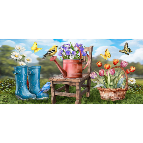 Vibrant garden scene with blue boots, flowers in a red watering can and wicker basket outdoors.