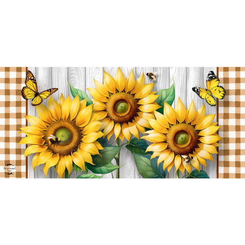 Sunflower Duo Mini Mat with butterflies and checkered border on a wooden background design.