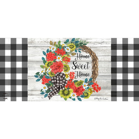 Geranium Wreath Mini Mat with floral design and Home Sweet Home text on rustic background.
