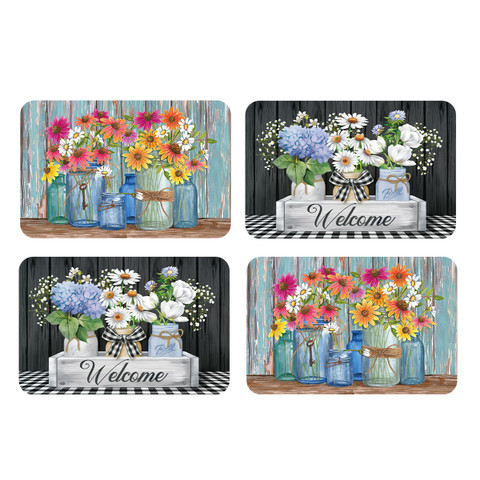Four Spring Mason Jars placemats with colorful flowers and welcome sign on rustic background.