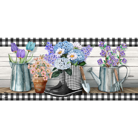 Checkered garden boots mini mat with floral design on black and white gingham background.