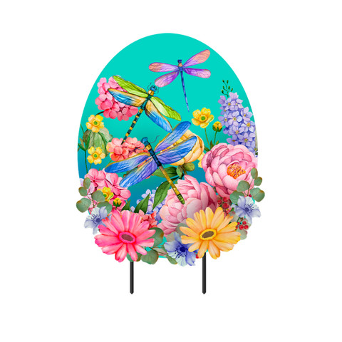 Dragonfly Garden Metal Art with colorful flowers and dragonflies on a teal background metal stand.