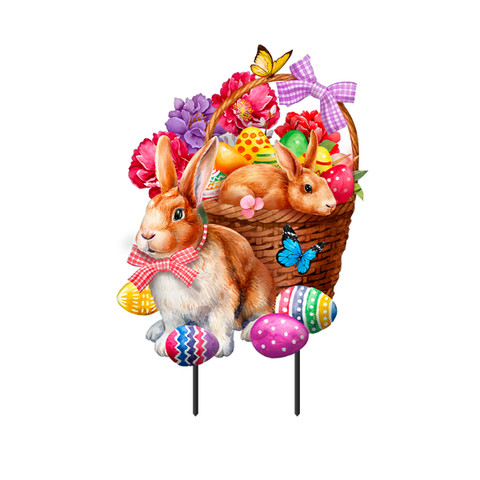 Bunnies and Basket Metal Art with colorful eggs, flowers, and bunnies on decorative garden stakes.
