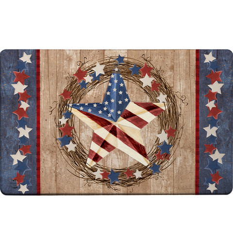 Americana Barnstar Comfort Mat with patriotic star design on wood grain background and wreath border.
