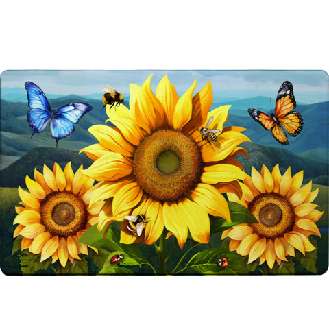 Sunflower Dance Comfort Mat with vibrant yellow flowers, butterflies, and bees on a scenic background.
