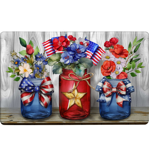 American Flowers Comfort Mat with patriotic mason jars and floral design in red, white, and blue.