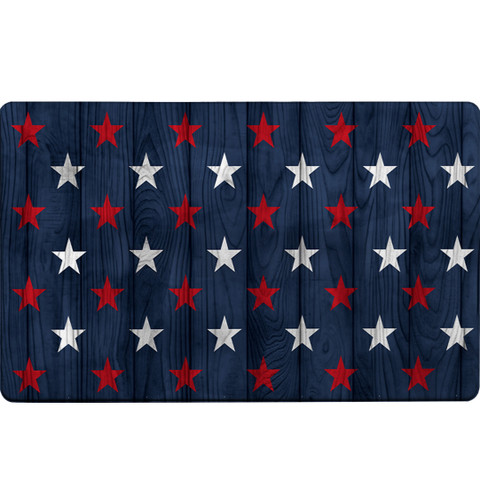 Wooden American Flag Comfort Mat with red and white stars on a dark blue wood grain background.