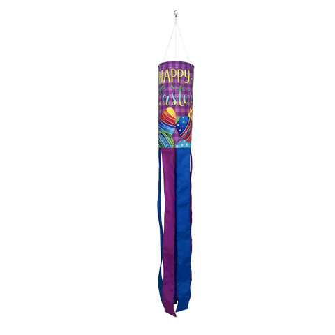 Painted Eggs Windsock Wind Twister, purple, blue, and rainbow colors with Happy Easter text hanging.