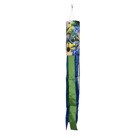 Goldfinches and Hydrangea Windsock Wind Twister with green and blue ribbons and yellow birds hanging.