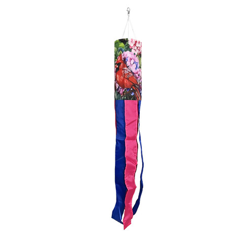 Perched Cardinals Windsock Wind Twister with pink, blue, and red cardinal bird design hanging ornament.