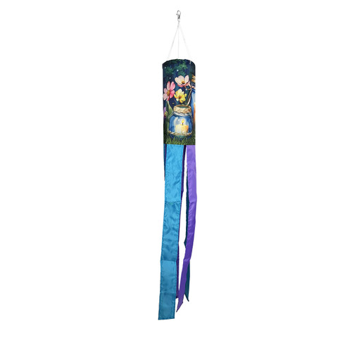 Be a Light Jars Windsock Wind Twister, colorful floral design with blue and purple ribbons hanging.
