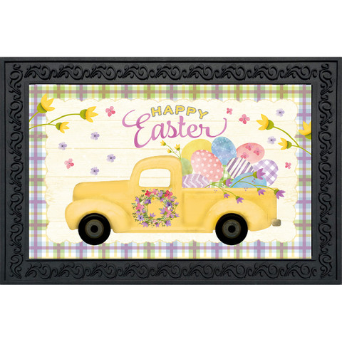 Happy Easter Pickup Doormat with colorful eggs and flowers on a yellow truck with black frame.