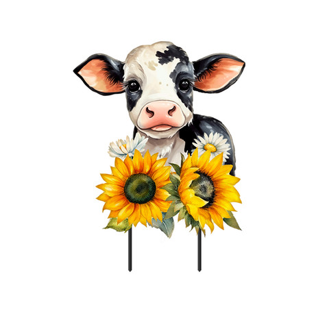 Cute cow metal art with sunflowers, black and white cow face with pink nose and ears.