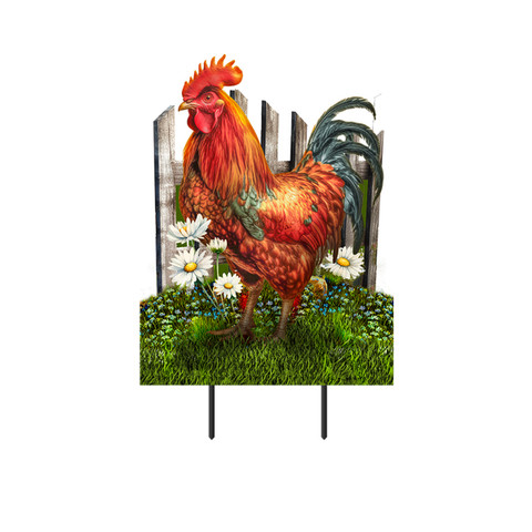 Sunrise Rooster Metal Art, colorful rooster with orange, red, and green feathers on metal sign.
