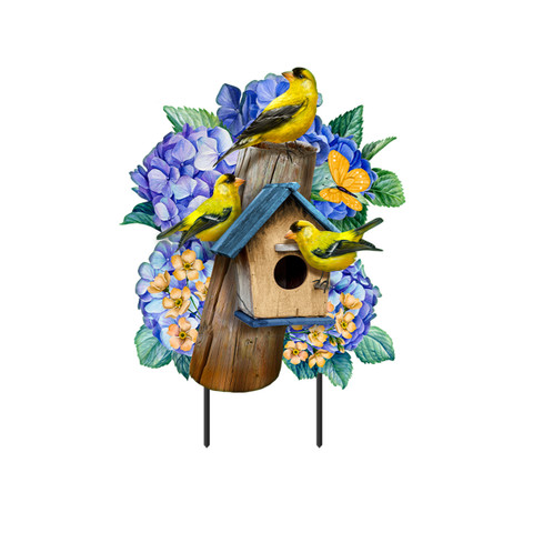 Goldfinches and Hydrangea Metal Art with yellow birds, blue hydrangeas, and wooden birdhouse on metal stand.