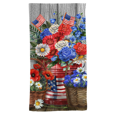 Red White and Beautiful Cotton Hand Towel with patriotic floral design and American flags pattern.