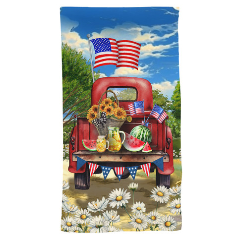 American Pickup Picnic Cotton Hand Towel with patriotic red truck, American flags, and summer fruits.