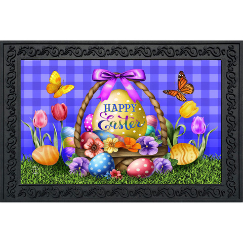 Happy Easter Egg Basket Doormat with colorful eggs, flowers, and butterflies on a purple background.