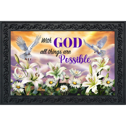 Sunrise Easter Cross Doormat with inspirational quote and floral design in purple, black, and white colors.