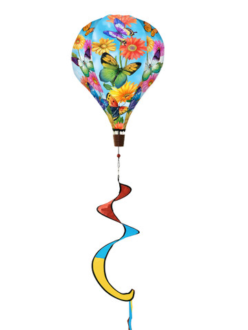 Fluttering Butterflies Hot Air Balloon Spinner with colorful flowers and butterflies, red, blue, and yellow tail.