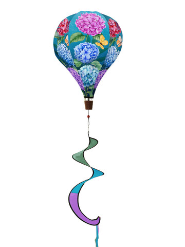 Colorful Hydrangea Hot Air Balloon Spinner with blue, pink, purple flowers and spiral tail decoration.