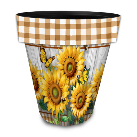 Sunflower Duo Large Planter with gingham trim and vibrant yellow sunflower design with butterflies and bees.