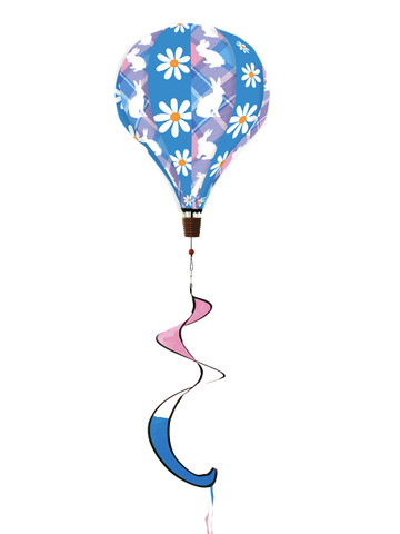 Bunnies Deluxe Hot Air Balloon Spinner with colorful bunnies and white flowers on blue background.