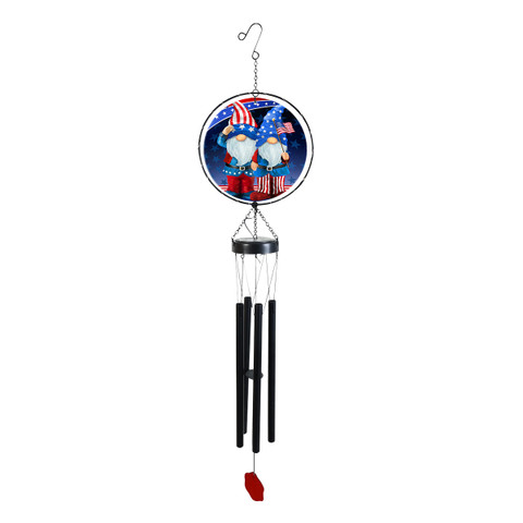 Patriotic Gnomes Illuminated Wind Chime with American flag design and gnomes, black tubes, red heart.
