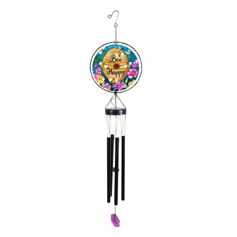 Happy Beehive Illuminated Wind Chime with colorful floral design and black tubes and purple pendant.