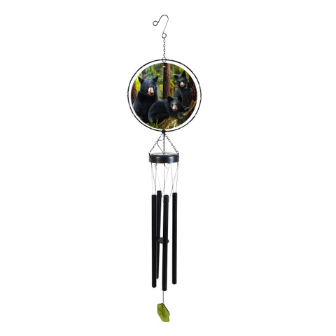 Black Bear Family Illuminated Wind Chime with black tubes and leaf, featuring bear family design.