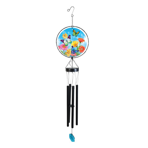 Welcome Butterflies Illuminated Wind Chime with colorful butterflies and flowers on a blue background hanging.
