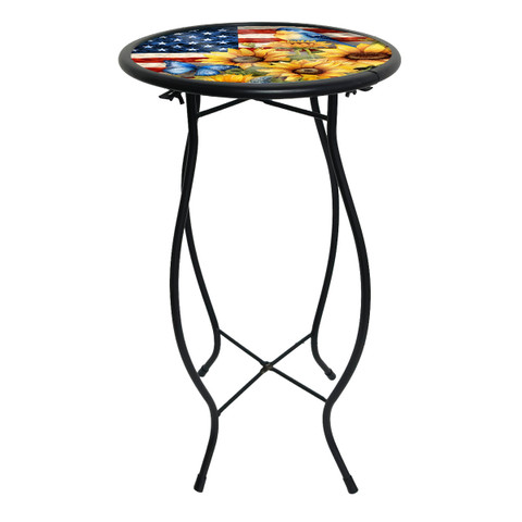 American Country Plant Stand with black metal legs and patriotic floral top design.