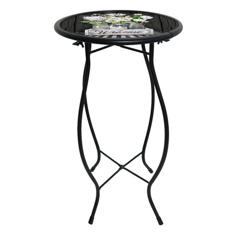 Black Crated Mason Jars Plant Stand with round tabletop and curved metal legs on white background.