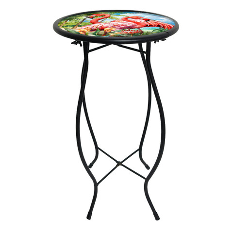 Flamingo Pair Cast Iron and glass plant stand with black metal legs and colorful top design.