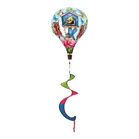 Floral Birdhouse Hot Air Balloon Spinner with colorful ribbons and birdhouse design on white background.