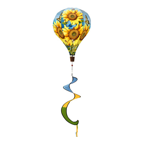 Sunflower Dance Hot Air Balloon Spinner with yellow and blue sunflowers and green, yellow, blue streamer.