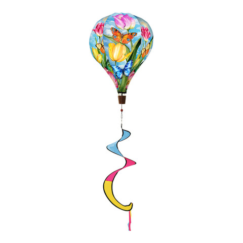 Sunshine Butterflies Hot Air Balloon Spinner with colorful floral design and rainbow tail decoration.