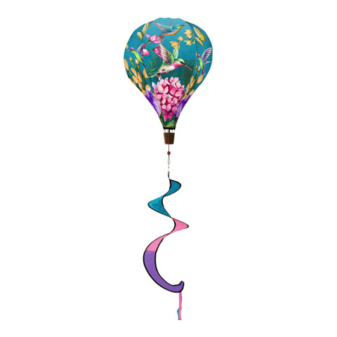Springtime Hummingbirds Hot Air Balloon Spinner with pink, purple, and blue colors and floral design.
