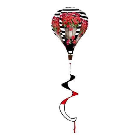 Striped Geraniums Hot Air Balloon Spinner with red flowers and black, white, and red ribbons.