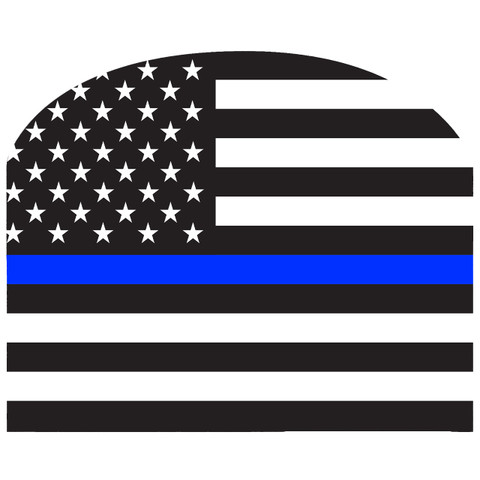 Black and white American flag design with blue line, on white background, Honor Protect Serve sign.