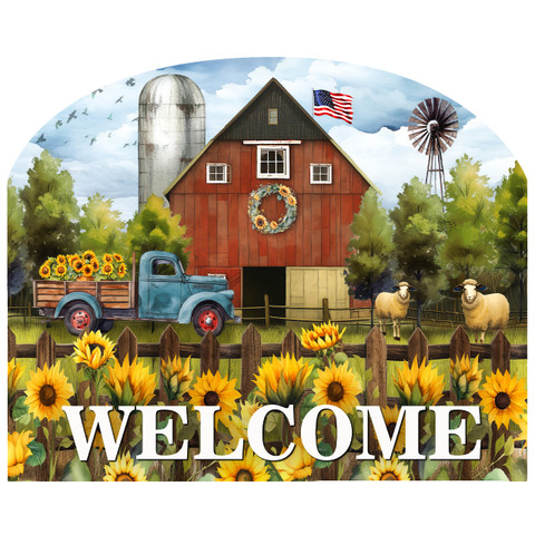 Sunflower Barn Acrylic Art Sign, red barn, blue truck, sunflowers, and sheep on wooden fence.